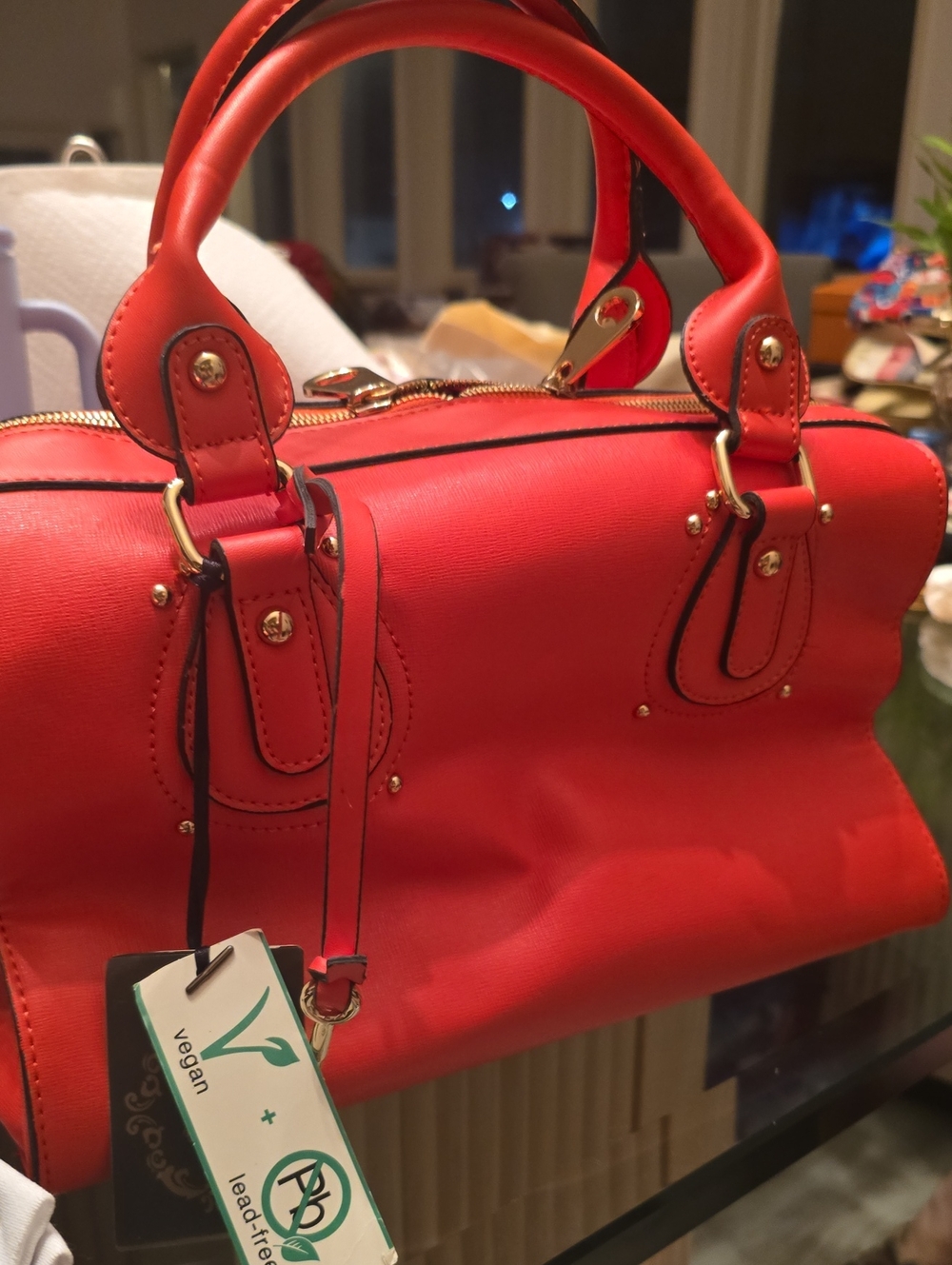 Red Vegan Leather Structured Satchel Bag